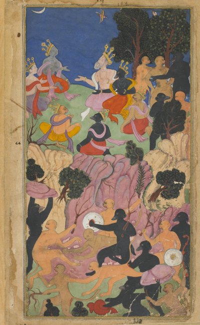 Vol.2 fol.194 Rama konfererer med Vanara-høvdingene på Suvela-fjellet (ugjennomsiktig akvarell, blekk og gull på papir) av Indian School