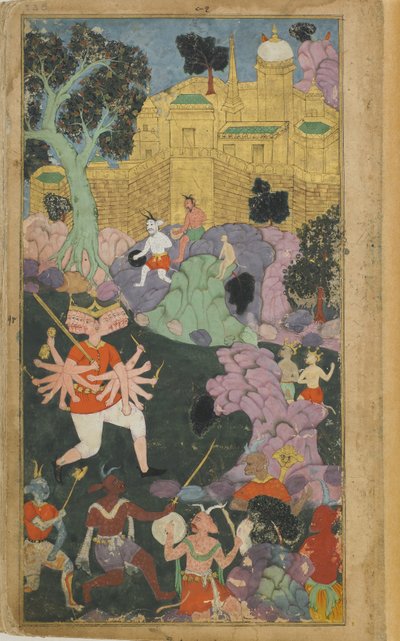 Vol.2 fol.238 Ravana og hans styrker inntar posisjon foran byen (ugjennomsiktig akvarell, blekk og gull på papir) av Indian School