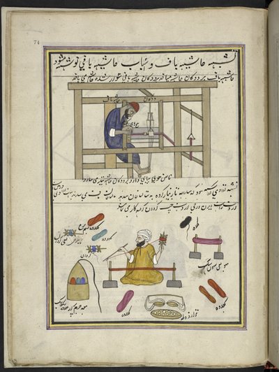 Vever som lager en kant; mann som ruller farget ull,  86 tegninger bundet inn i et bind som viser handel og yrker i Kashmir, håndverkere vises i arbeid med redskaper og utstyr,  Av en Kashmir-kunstner, sannsynligvis i Srinagar, ca. 1850-60 (goua av Indian School