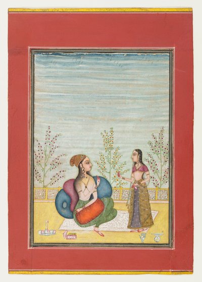 Kvinne og ledsager, ca. 1700-10 (ugjennomsiktig wc og gull på papir) av Indian School
