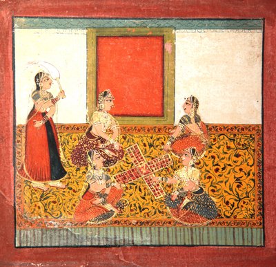 Kvinner som spiller Parcheesi, sittende på et gulmønstret gulvoppslag, ca. 1725 (ugjennomsiktig wc og gull på papir) av Indian School