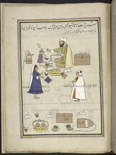 Kvinner som returnerer spunnet sjalull,  86 tegninger bundet inn i et bind som viser handel og yrker i Kashmir, håndverkere vises i arbeid med redskaper og utstyr,  Av en Kashmir-kunstner, sannsynligvis i Srinagar, ca. 1850-60 (gouache på papir) av Indian School