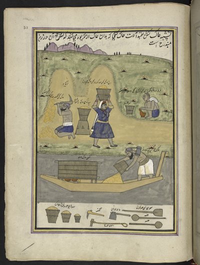 Workers excavating earth and transporting it,   86 drawings bound into a volume depicting trades and occupations in Kashmir, Craftsmen are shown at work with their implements and equipment,   By a Kashmir artist, probably at Srinagar, c.1850-60 (gouache on av Indian School