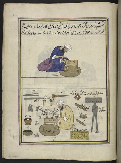 Arbeidere i fint gull ‘(kundan)’ som lager smykker og setter juveler,  86 tegninger bundet inn i et bind som viser handel og yrker i Kashmir, håndverkere vises i arbeid med redskaper og utstyr,  Av en Kashmir-artist, sannsynligvis i Srinagar av Indian School