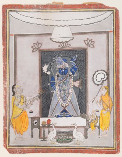 Tilbedelse av Shrinathaji (ugjennomsiktig wc, gull og sølv på papir) av Indian School