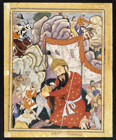 Zumurrud Shah tar tilflukt i fjellene, ca. 1570 (ugjennomsiktig akvarell og gull på bomullsklut) av Indian School