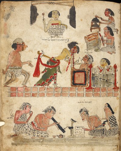 Folk som spiller musikk, danser og røyker, illustrasjon fra 'Serat Damar Wulan' eller 'The Romance of Damar Wulan' (penn og blekk med akvarell på papir) av Indonesian School
