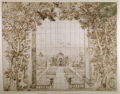 En hage og fyrstelig villa (penn og blekk på papir) av Inigo Jones
