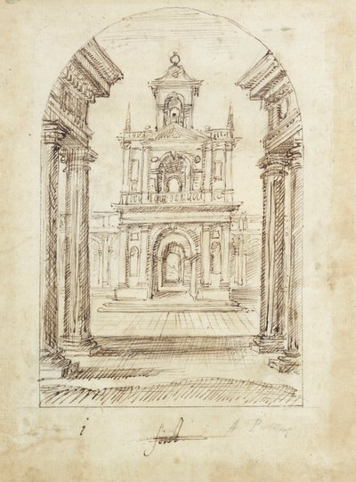 Et palass (penn og blekk på papir) av Inigo Jones