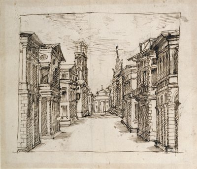 En gate i perspektiv, ca. 1617 (penn og blekk på papir) av Inigo Jones