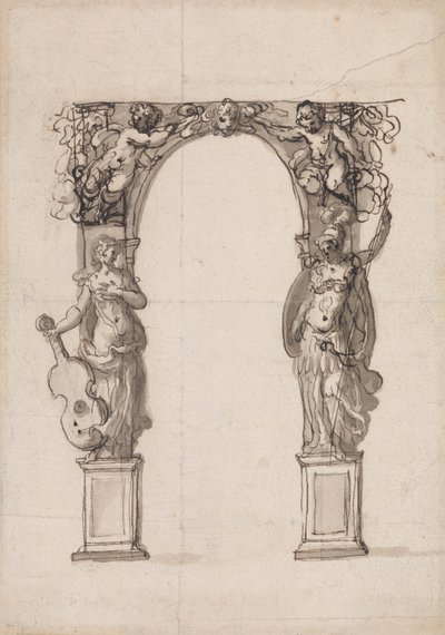 Design for en midlertidig bue dekorert med Putti og allegoriske figurer av musikk og krig av Inigo Jones