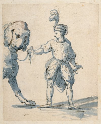 Polsk dverg som leder en hund (penn og blekk og vask på papir) av Inigo Jones