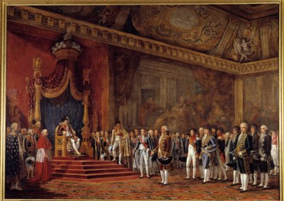 Deputasjonen for det romerske senatet tilbyr hyllest til keiser Napoleon I i tronsalen i Tuileries-palasset, 16. november av Innocent Louis Goubaud