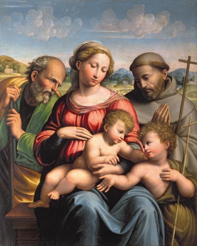 Hellig familie med spedbarnet St. Johannes døperen og St. Frans av Innocenzo da Imola