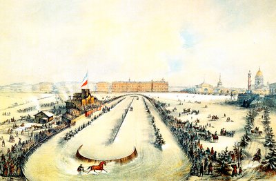 Hesteveddeløp på den frosne elven Neva i St Petersburg, Russland, 1859. av Iosif Adolfovich Charlemagne