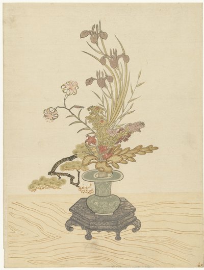 Ikebana blomsteroppsats i grønn vase av Ippitsusai Bunchô (manner of)