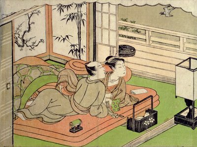Et «Shunga» (erotisk) trykk: elskende som lytter til en gjøk av Ippitsusai Buncho (1725–94) av Ippitsusai Buncho