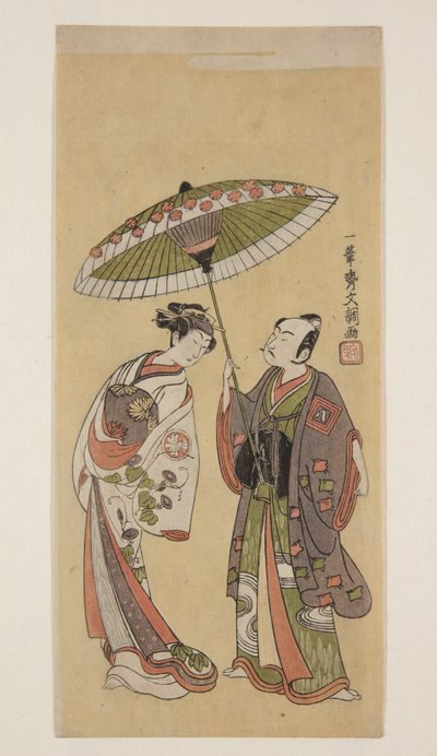 Skuespillere Ichikawa Yaoz? II som tau i J?r? og Segawa Kikunoj? II som Toraen (farget treblokktrykk) av Ippitsusai Bunchō