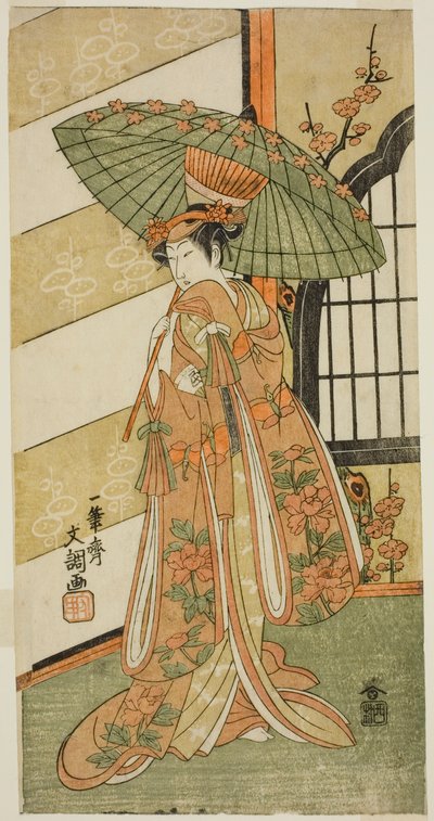 Skuespilleren Onoe Tamizo I som Nishikigi i stykket Mutsu no Hana Ume no Kaomise, fremført på Ichimura Theatre i den ellevte måneden, 1769 av Ippitsusai Bunchō