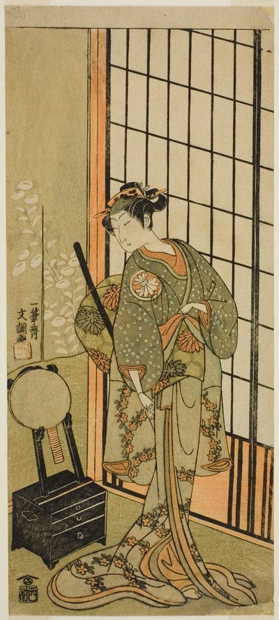 Skuespilleren Segawa Kikunojo II som prinsesse Hitomaru (Hitormaru Hime) (?) i Play Soga Moyo Aigo no Wakamatsu (?), fremført på Nakamura Theatre (?) i den første måneden, 1769 (?) av Ippitsusai Bunchō