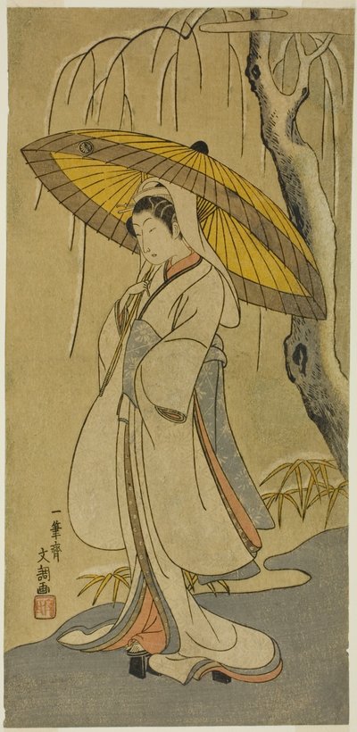 Skuespilleren Segawa Kikunojo II som Heron Maiden i stykket "Cotton Wadding of Izu Protecting the Matrimonial Chrysanthemums (Myoto-giku Izu no Kisewata)," fremført på Ichimura Theatre fra den første dagen i den ellevte måneden, 1770 av Ippitsusai Bunchō