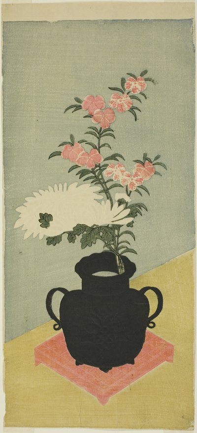 Hvite krysantemum og rosa i en svart vase av Ippitsusai Bunchō