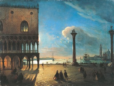 Piazzetta San Marco i måneskinn, Venezia, av Ippolito Caffi (1809-1866), olje på lerret, 52x70 cm av Ippolito Caffi