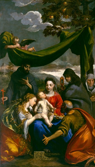 Jomfru og barn med de hellige Maria Magdalena, Peter, Klara, Frans og en abbedisse, ca. 1600 av Ippolito Scarsella