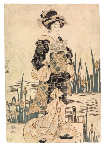 Lady 'bijin' leser papir på en bro, ca. 1811-17 (fargetresnitt) av Ipposai Kuniyasu