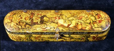 En penneboks av pappmache, toppen malt med slaget ved Chaldiran av Iranian School