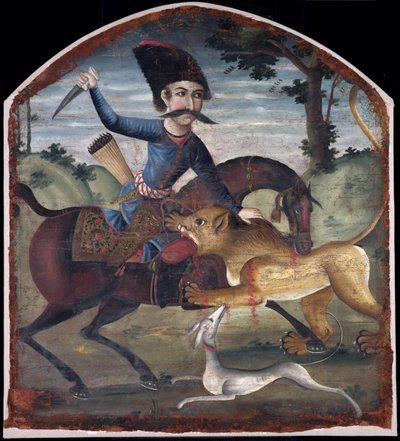 Jeger på hesteryggen angrepet av en løve, midten av 1700-tallet (se 200944) av Iranian School