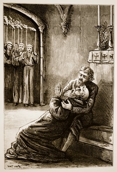 Death of St. Columba, fra The Trias Thaumaturga, or Three Wonder-Working Saints of Ireland, av Mary Cusack (1829-99) utgitt ca. 1890-tallet av Irish School