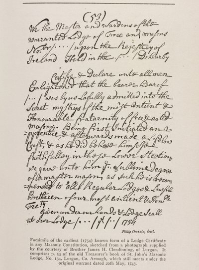 Tidligste kjente sertifikat (irsk) med segl fra Grand Lodge, 1762 av Irish School