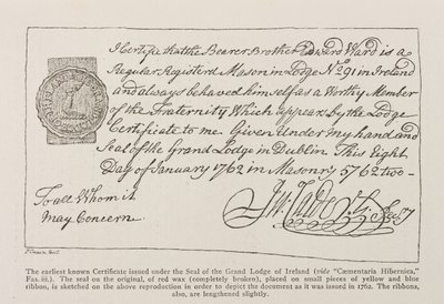 Faksimile av det tidligste kjente sertifikatet utstedt under Seal of the Grand Lodge of Ireland, datert 1762 av Irish School