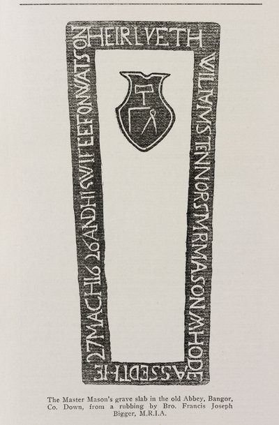 Trykk fra en Master Masons gravplate i det gamle klosteret, Bangor, Co. Down, datert 1626 av Irish School