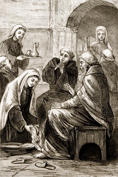 St. Brigit underholder en biskop, fra The Trias Thaumaturga, eller Three Wonder-Working Saints of Ireland, av Mary Cusack (1829-99) utgitt ca. 1890-tallet av Irish School