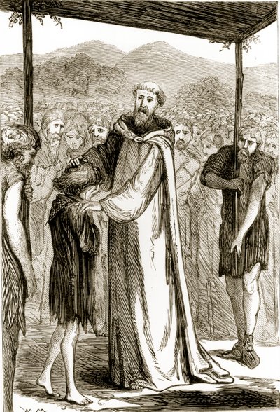 St. Columba velsigner en vill gutt, fra The Trias Thaumaturga, eller Three Wonder-Working Saints of Ireland, av Mary Cusack (1829-99) utgitt ca. 1890-tallet av Irish School