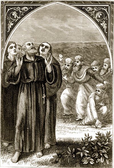 St. Columba sang, og angrepet av druidene, fra The Trias Thaumaturga, eller Three Wonder-Working Saints of Ireland, av Mary Cusack (1829-99) publisert ca. 1890-tallet av Irish School