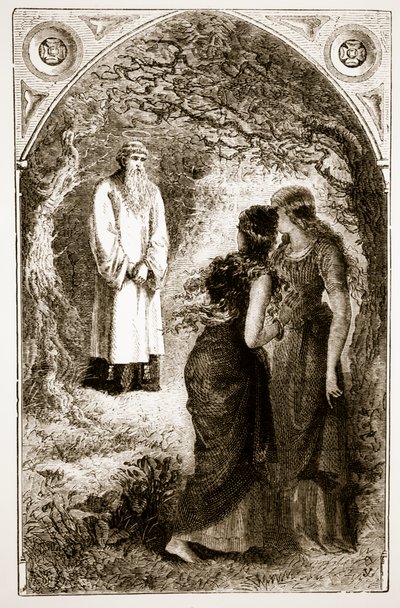 St. Patrick møtt av jomfruer i skogen til Fochlut, fra The Trias Thaumaturga, eller Three Wonder-Working Saints of Ireland, av Mary Cusack (1829-99) utgitt ca. 1890-tallet av Irish School