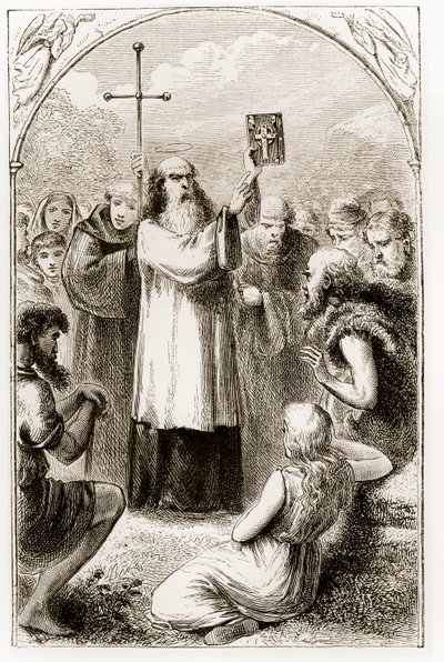 St. Patrick som viser folket i Irland de fire evangeliene, fra The Trias Thaumaturga, eller Three Wonder-Working Saints of Ireland, av Mary Cusack (1829-99) utgitt ca. 1890-tallet av Irish School