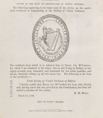 Selet til Society of United Irishmen of Belfast, ca. 1792 (gravering) av Irish School