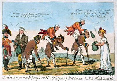 "Militær sprangfrosk, eller hint til unge herrer" av Isaac (after) Cruikshank