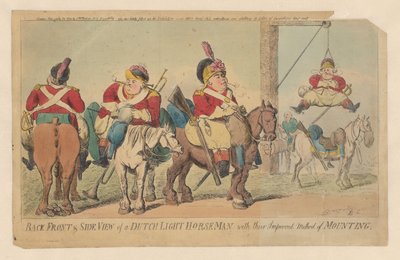 Forbedret metode for det nederlandske lette kavaleriet for å sette seg opp en hest Bakfra og fra siden av en nederlandsk lett hestemann, med deres forbedrede monteringsmetode (tittel på objekt) av Isaac Cruikshank (signed by artist)