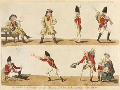 Ville han bli soldat? eller History of John Bulls krigerske ekspedisjon, 1793 (farget etsning) av Isaac Cruikshank
