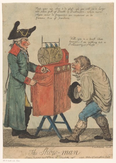 Mann med et visningsskap The Show Man (tittel på objekt) av Isaac Cruikshank