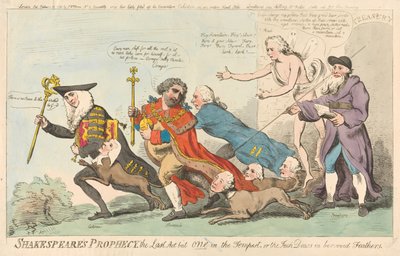 Shakespeares profeti, den siste akten av en i Stormen, eller kaiene i lånte fjær (fra: Caricature, bd. 3) av Isaac Cruikshank