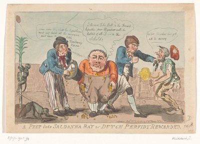 Tegneserie om kapitulasjonen til den bataviske flåten i Saldanha Bay, 1796 A Peep into Saldanha Bay eller Dutch Perfidy Rewarded (tittel på objekt) av Isaac Cruikshank