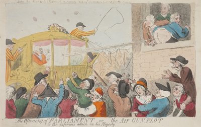 Åpningen av parlamentet eller luftgeværkomplottet eller det beryktede angrepet på Hans Majestet av Isaac Cruikshank