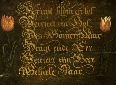 Et kalligrafisk maksime med tulipaner av Isaac Hondius
