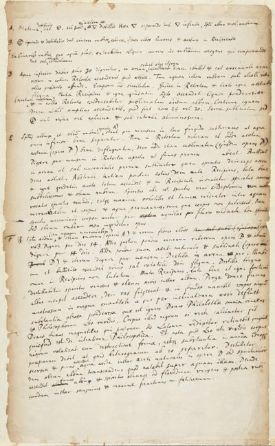 Registrering av et eksperiment i seks stadier som begynner med destillasjon etterfulgt av brenning, videre destillasjon, avkok, kalsinering og sublimering, ca. 1700 av Isaac Newton